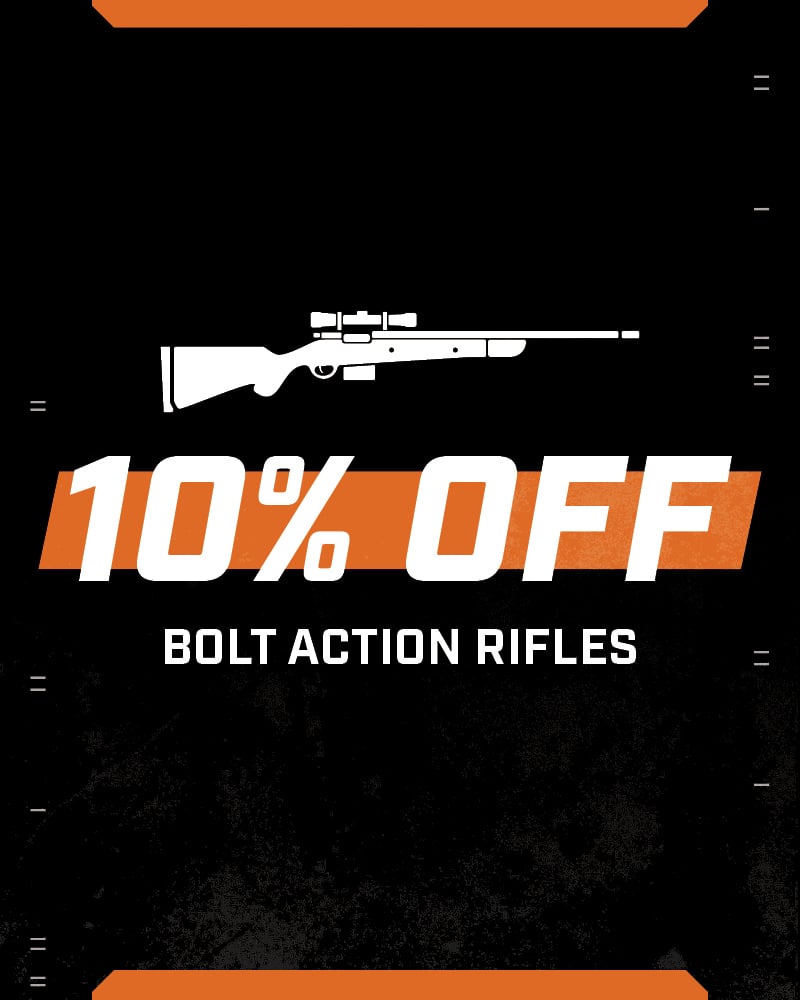 Black-and-orange Magnum Shooting Center promotional graphic featuring a white silhouette of a scoped bolt-action rifle and bold text reading “10% OFF” with “BOLT ACTION RIFLES” below.